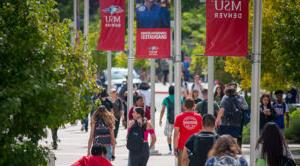 Students walking through Auraria Campus.