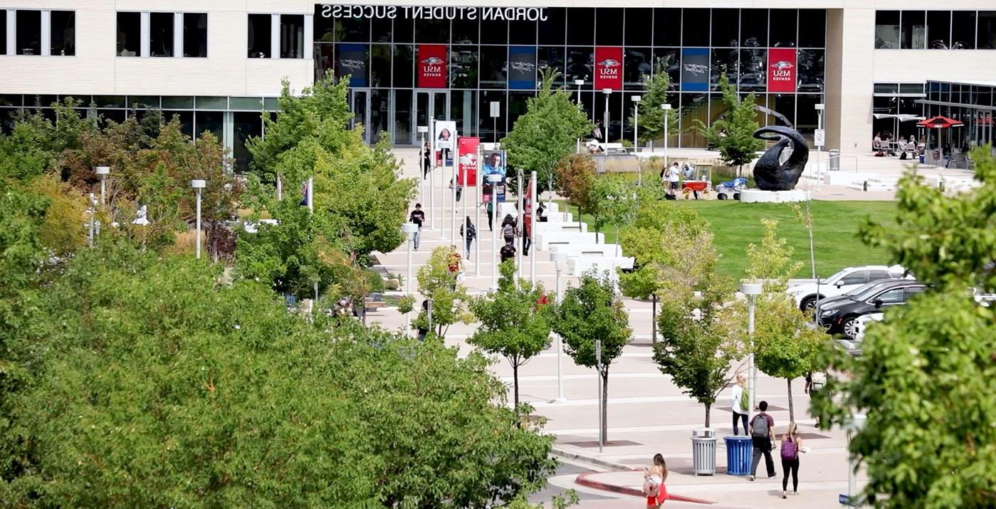 aerial shot of the Auraria campus with studens walking to jssb building